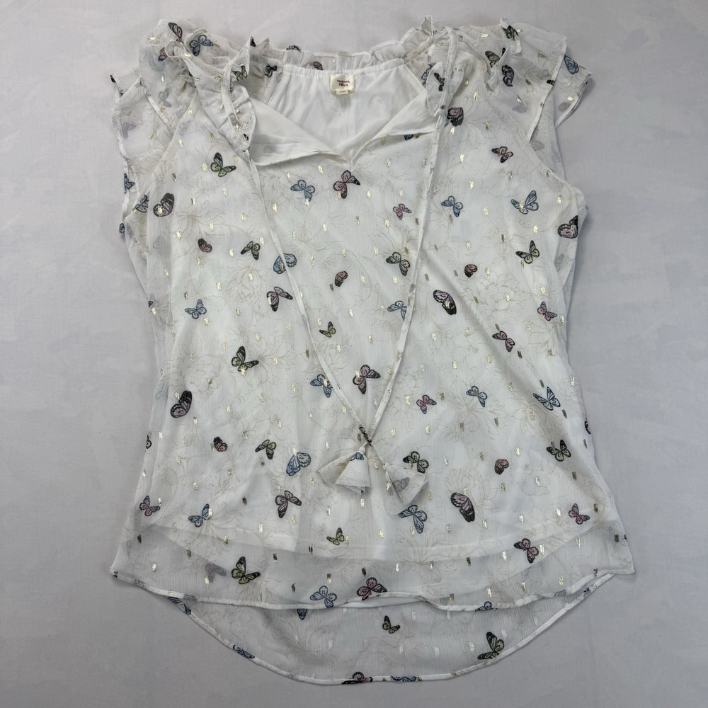 Autres Filles Women's Small White Butterfly Print Gold Metallic Ruffle Blouse